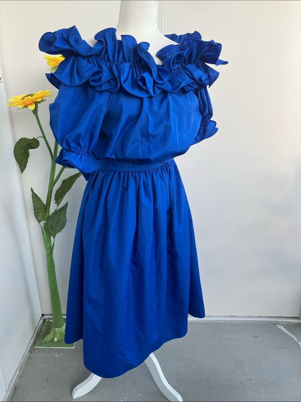 Vintage 80s Ruffle Collar Statement Royal Blue Formal Midi Dress